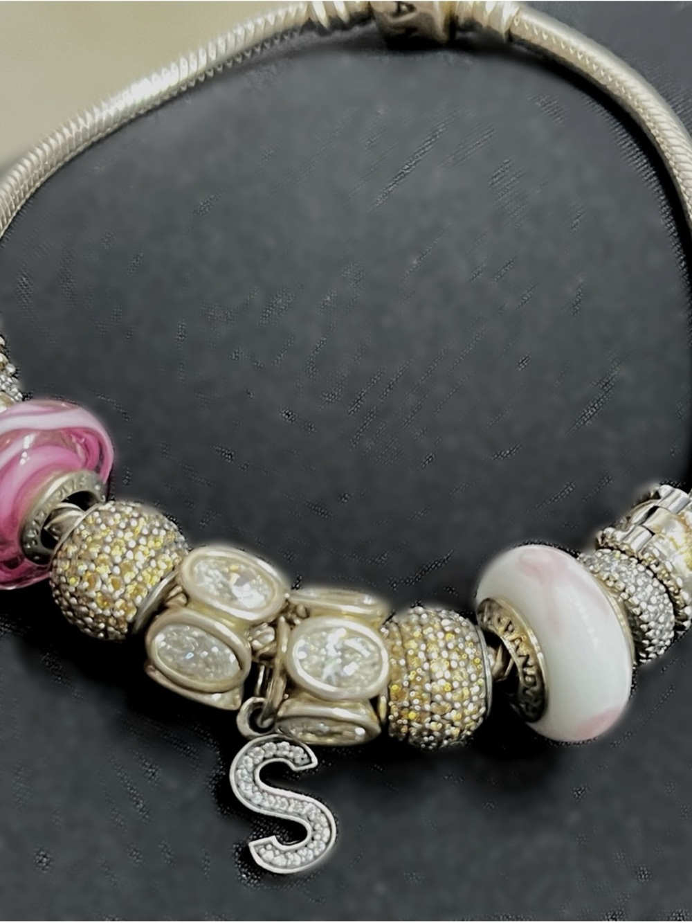 Pandora Silver Bracelet with Pink and Gold Accents and 'S' Charm